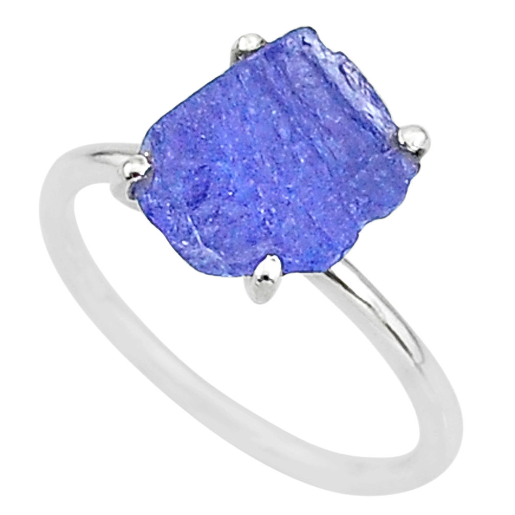 5.51cts solitaire natural blue tanzanite raw fancy silver ring size 8 t6830