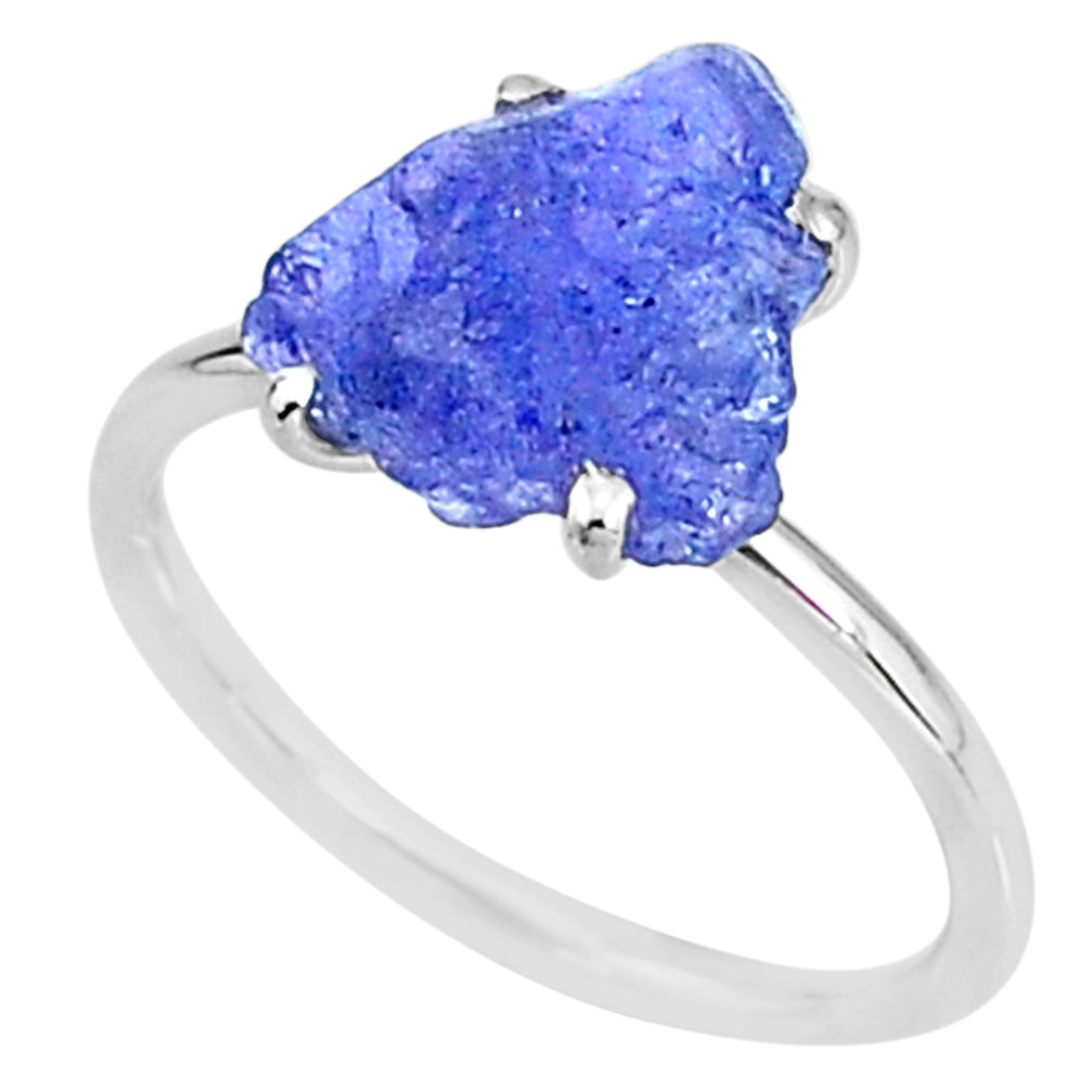 4.98cts solitaire natural blue tanzanite raw fancy silver ring size 8 t6847