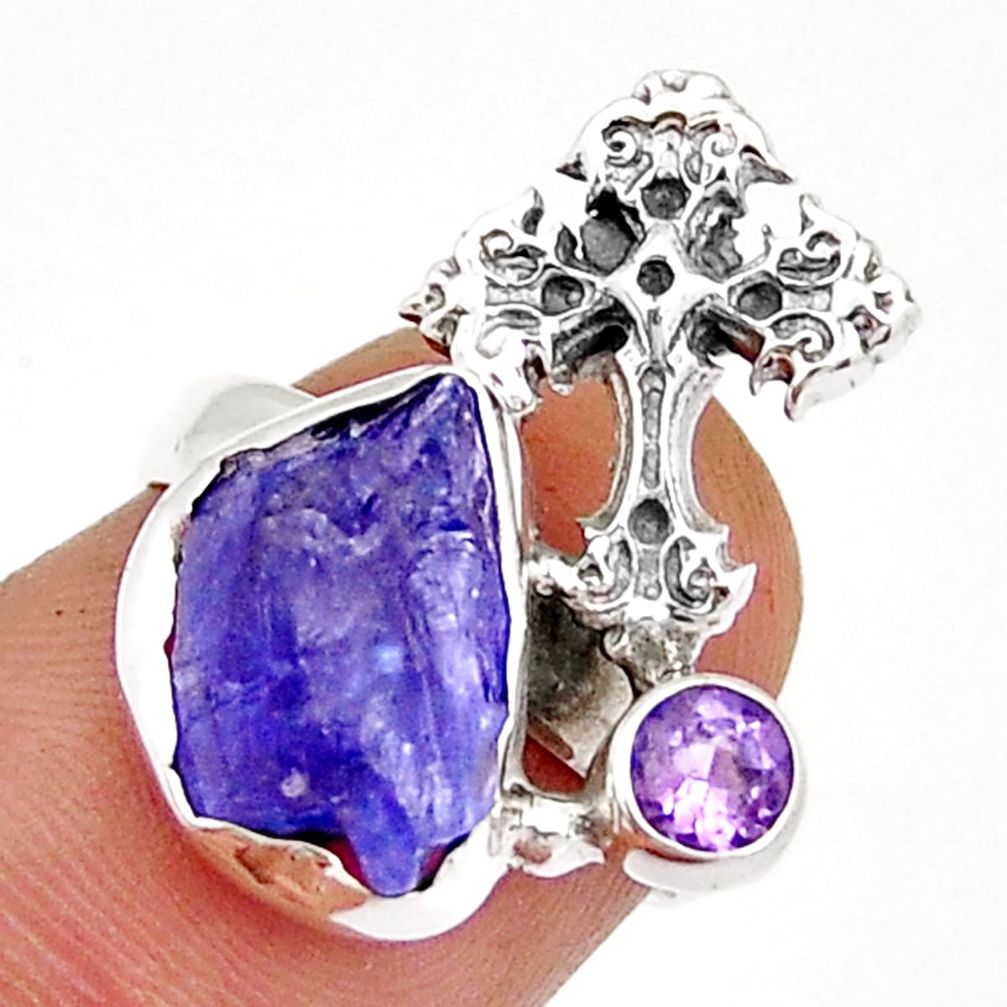 5.58cts solitaire natural blue tanzanite rough silver cross ring size 5.5 y4215