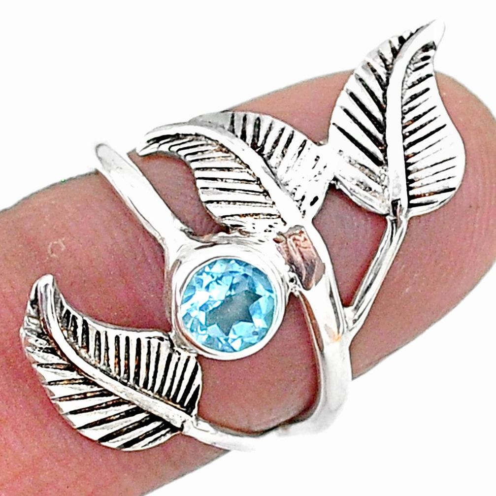 0.87cts solitaire natural blue topaz 925 silver leaf charm ring size 5 t6361