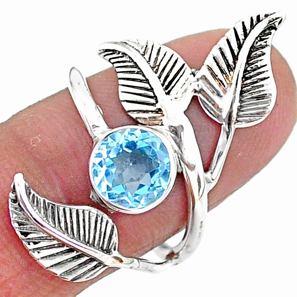 2.41cts solitaire natural blue topaz 925 silver leaf charm ring size 7.5 t6362