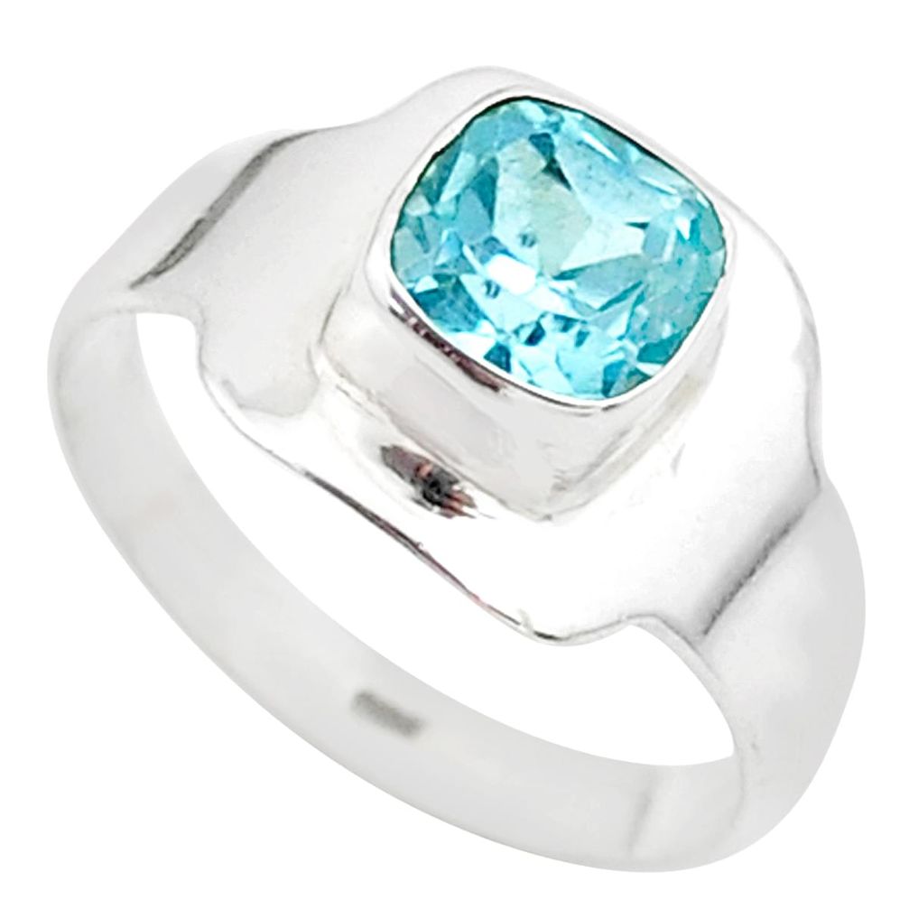 2.28cts solitaire natural blue topaz cushion 925 silver ring size 8 t23217