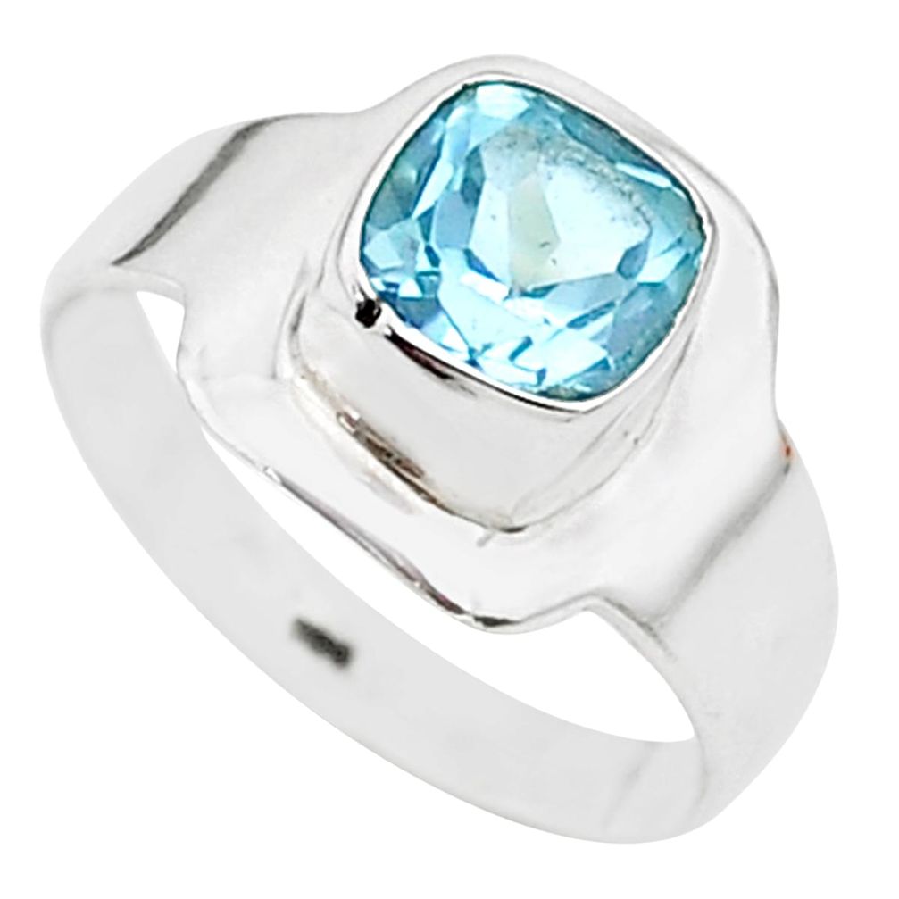 2.25cts solitaire natural blue topaz cushion 925 silver ring size 7.5 t23233