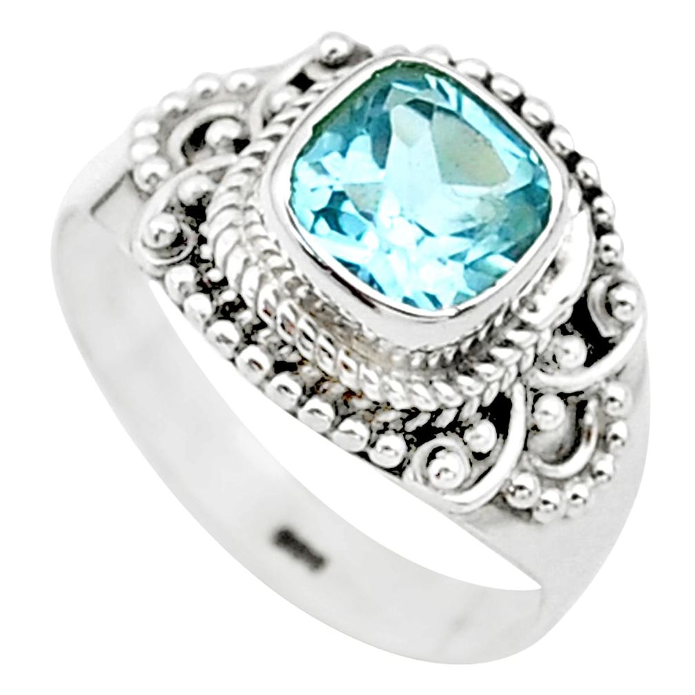 2.53cts solitaire natural blue topaz cushion 925 silver ring size 7.5 t23234