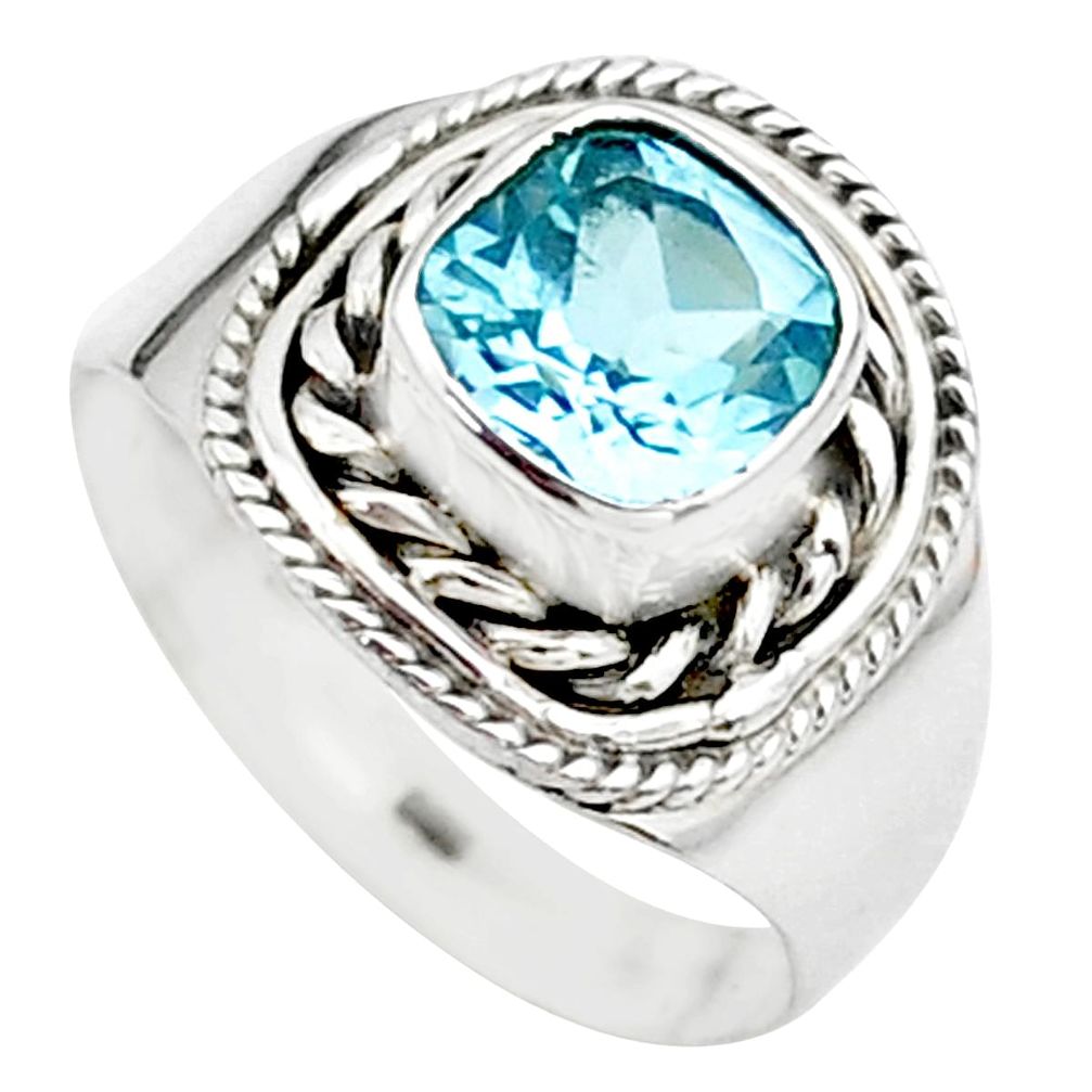 2.55cts solitaire natural blue topaz cushion sterling silver ring size 8 t23207