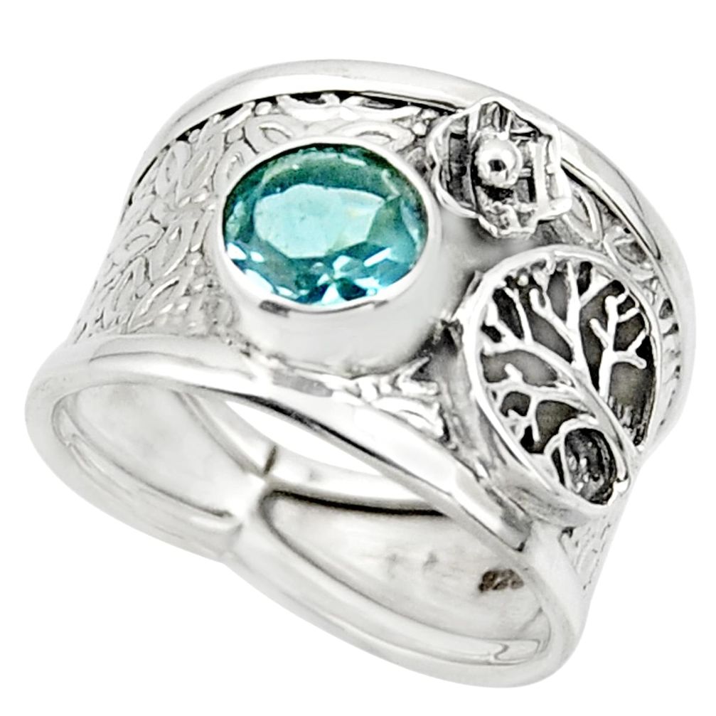 2.63cts solitaire natural blue topaz silver tree of life ring size 7.5 r49848