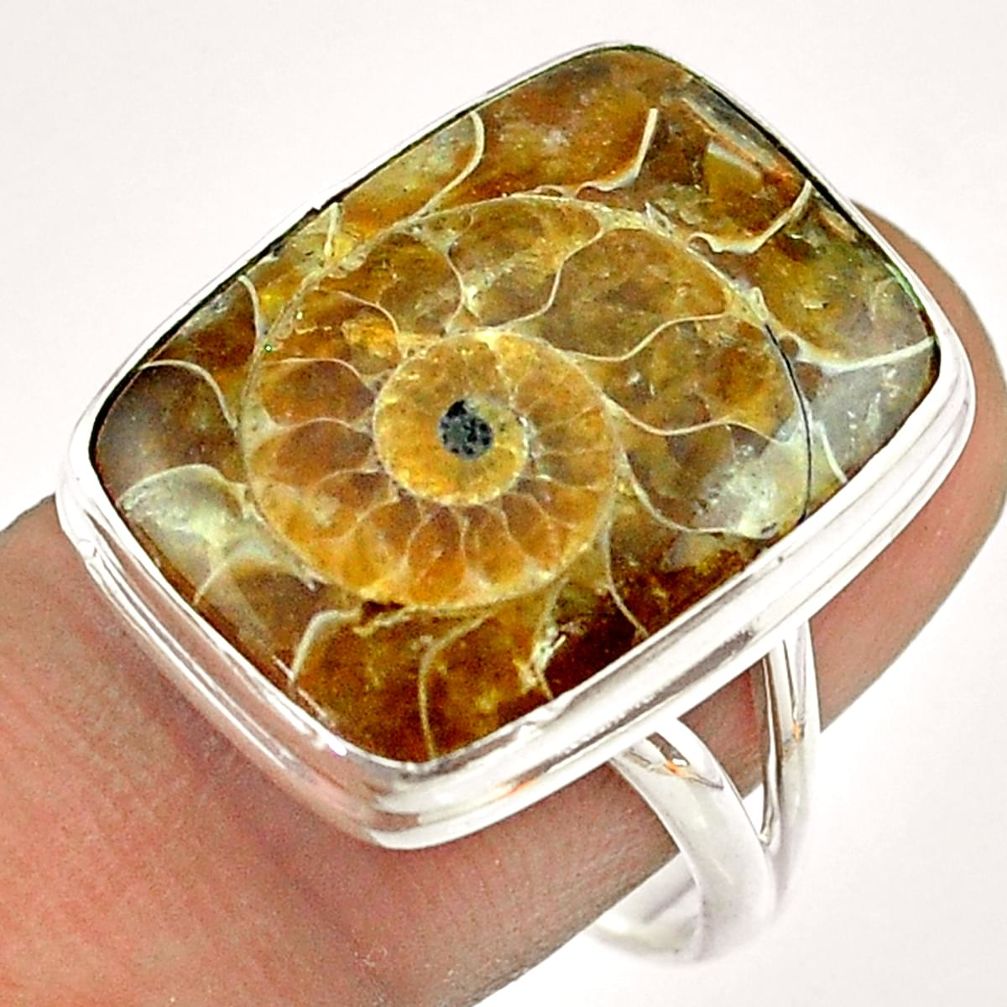 14.81cts solitaire natural brown ammonite fossil 925 silver ring size 9 t54456
