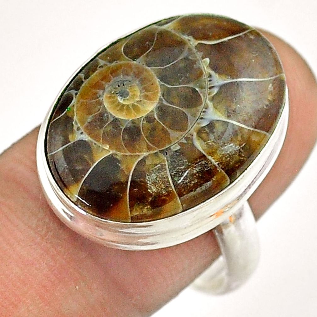 14.42cts solitaire natural brown ammonite fossil oval silver ring size 9 t54446