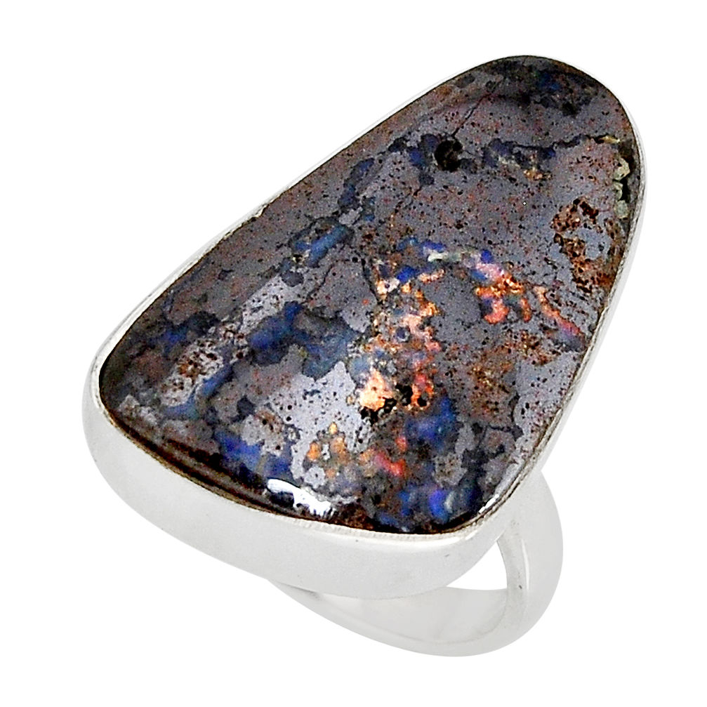 18.03cts solitaire natural brown boulder opal 925 silver ring size 7.5 y79922
