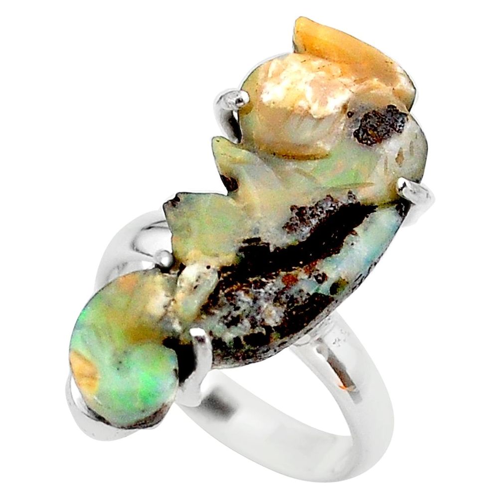 14.33cts solitaire natural brown boulder opal carving silver ring size 7 t24186