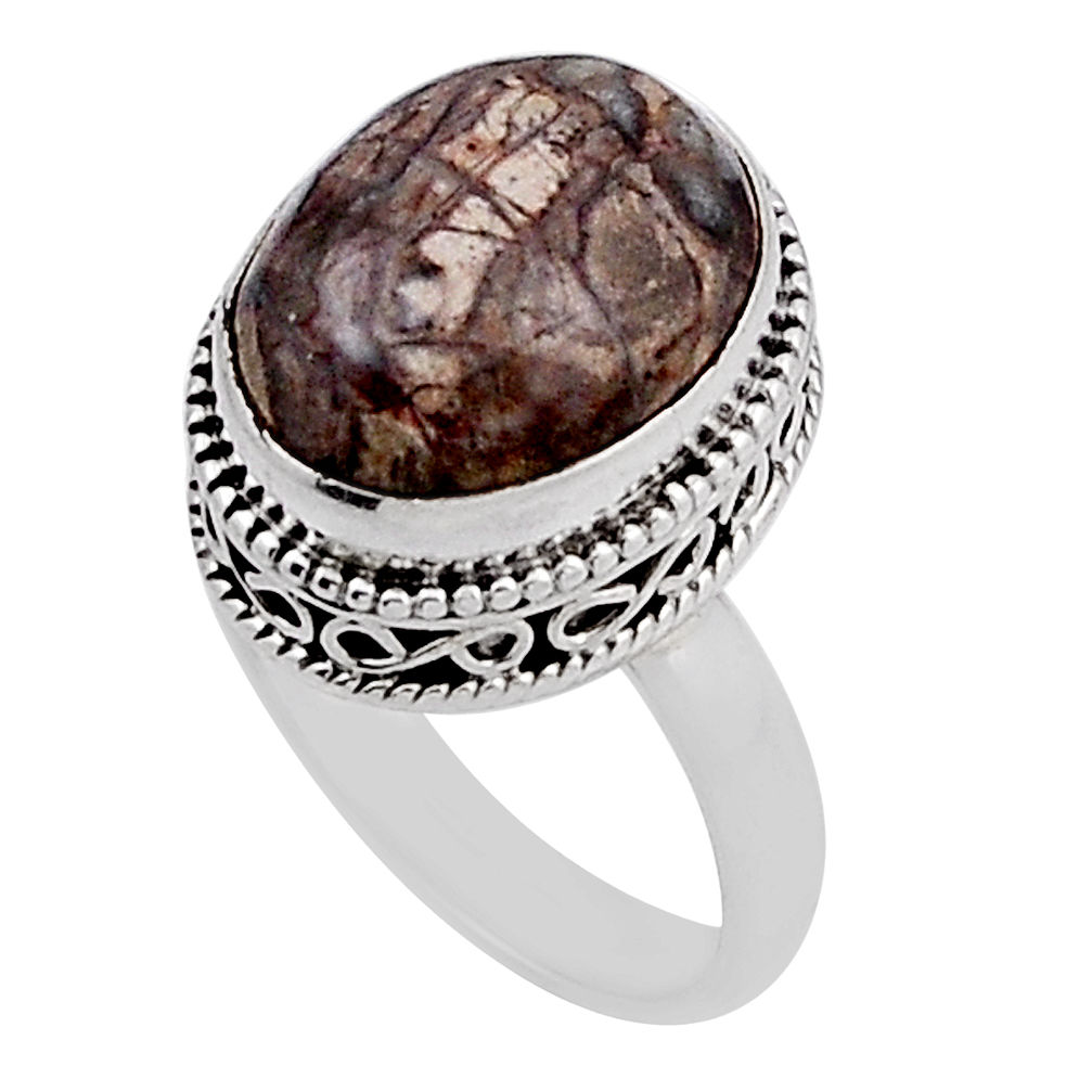 6.48cts solitaire natural brown mushroom rhyolite 925 silver ring size 7 n28241