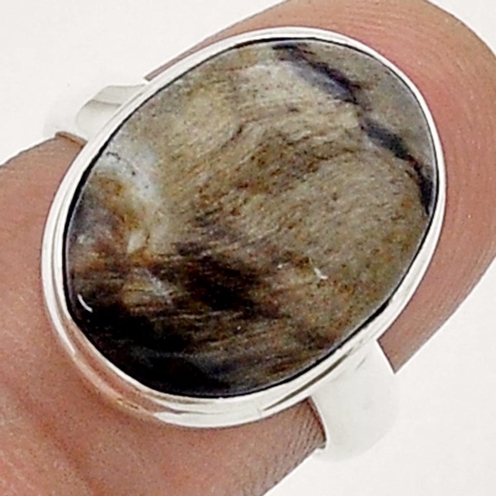 9.47cts solitaire natural brown petrified palm wood silver ring size 6 u78376