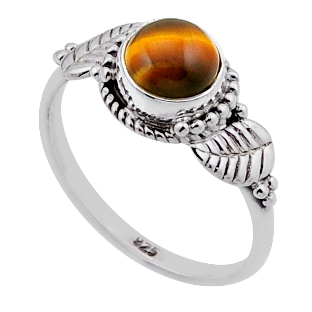 2.49cts solitaire natural brown tiger's eye 925 silver leaf ring size 7.5 n47805