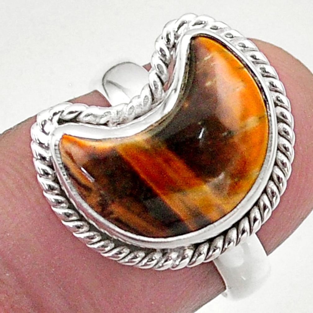 5.82cts solitaire natural brown tiger's eye 925 silver moon ring size 6 t47696