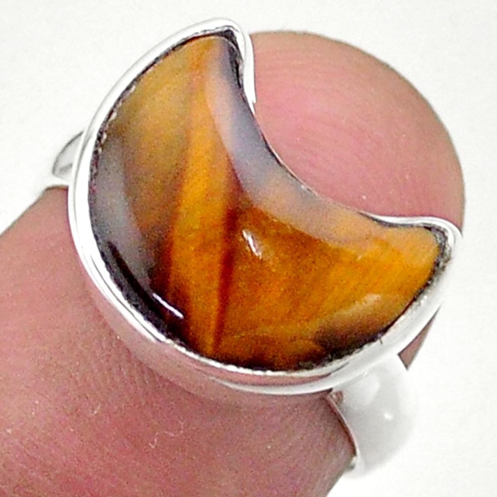 5.55cts solitaire natural brown tiger's eye 925 silver moon ring size 6 t47728