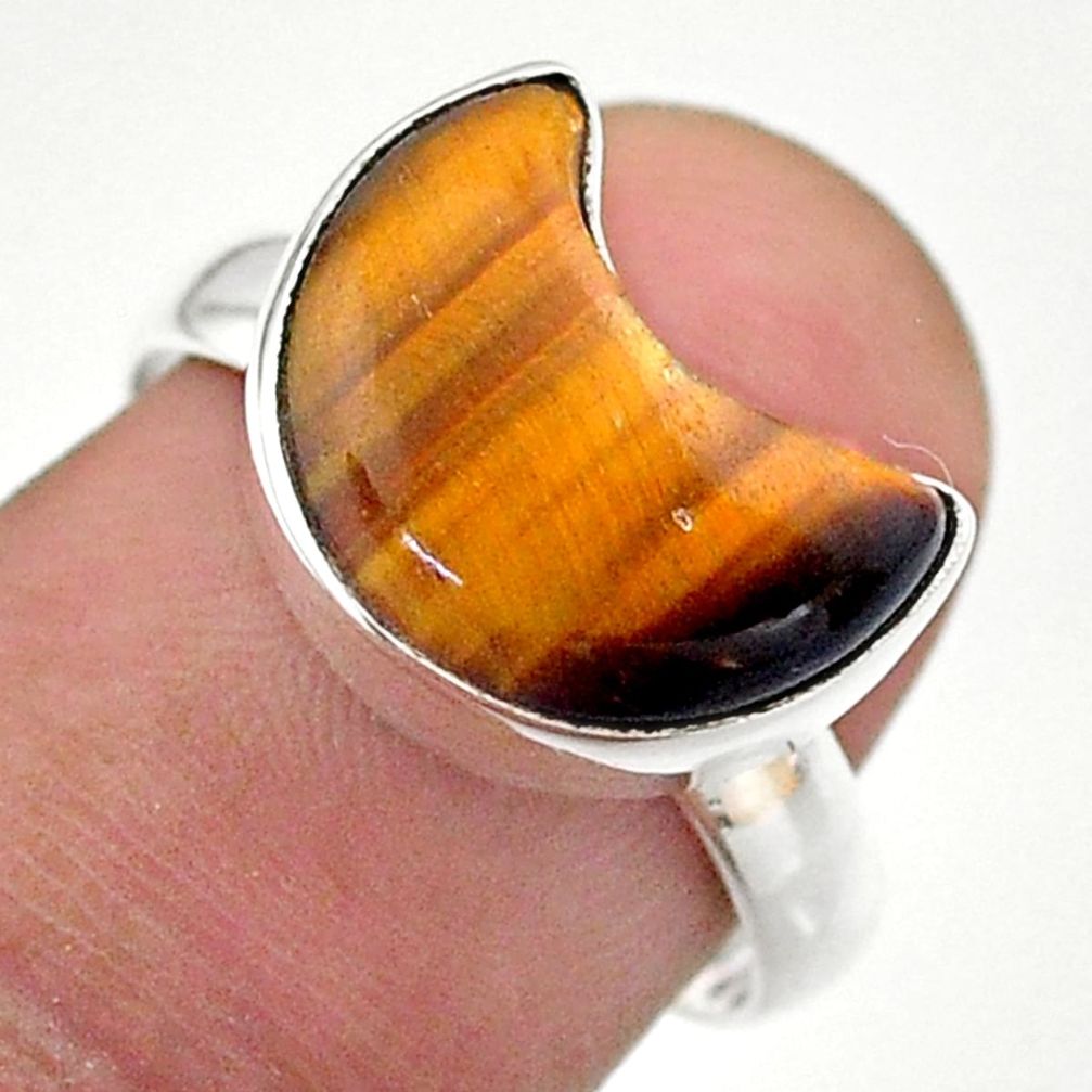 5.24cts solitaire natural brown tiger's eye 925 silver moon ring size 7.5 t47750