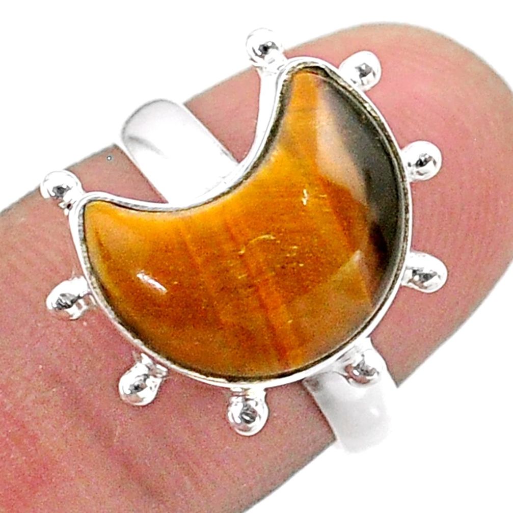 5.62cts solitaire natural brown tiger's eye 925 silver moon ring size 6.5 t47830