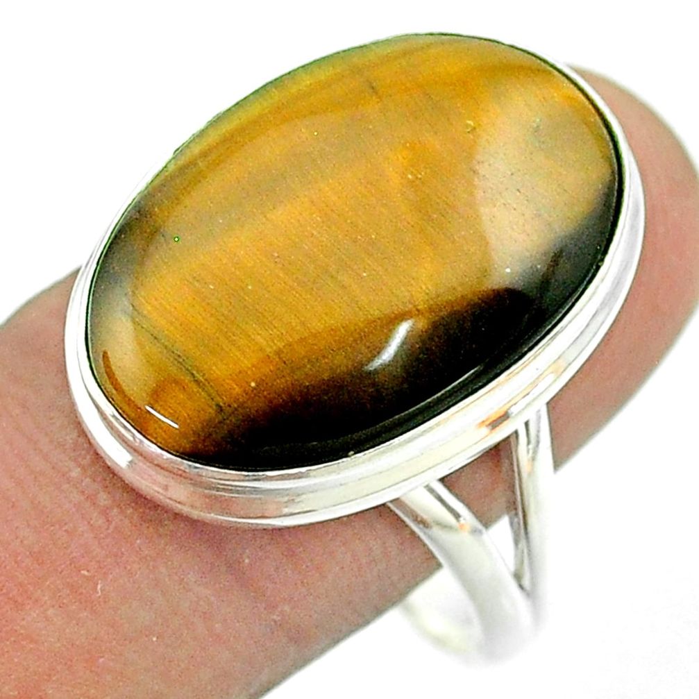 15.27cts solitaire natural brown tiger's eye 925 silver ring size 11 t54076