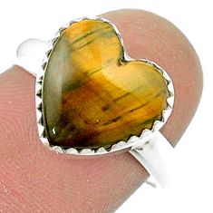 5.63cts solitaire natural brown tiger's eye heart silver ring size 8 u46000