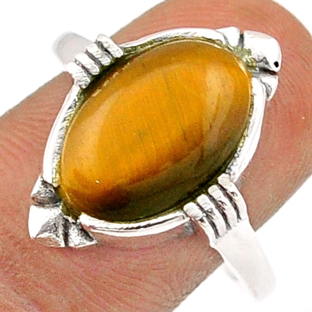 6.04cts solitaire natural brown tiger's eye oval 925 silver ring size 9 t85710