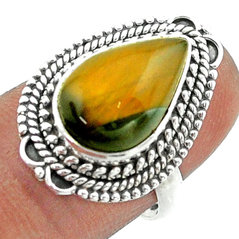 5.95cts solitaire natural brown tiger's eye pear 925 silver ring size 7 t55977