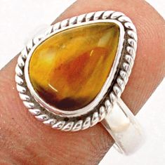 5.38cts solitaire natural brown tiger's eye pear 925 silver ring size 7.5 t80507