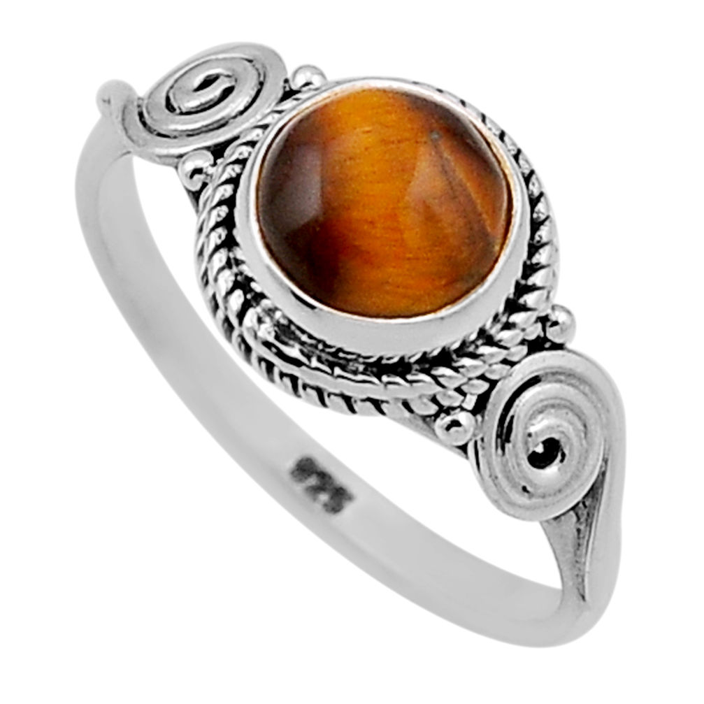 2.71cts solitaire natural brown tiger's eye round silver ring size 6.5 n47547