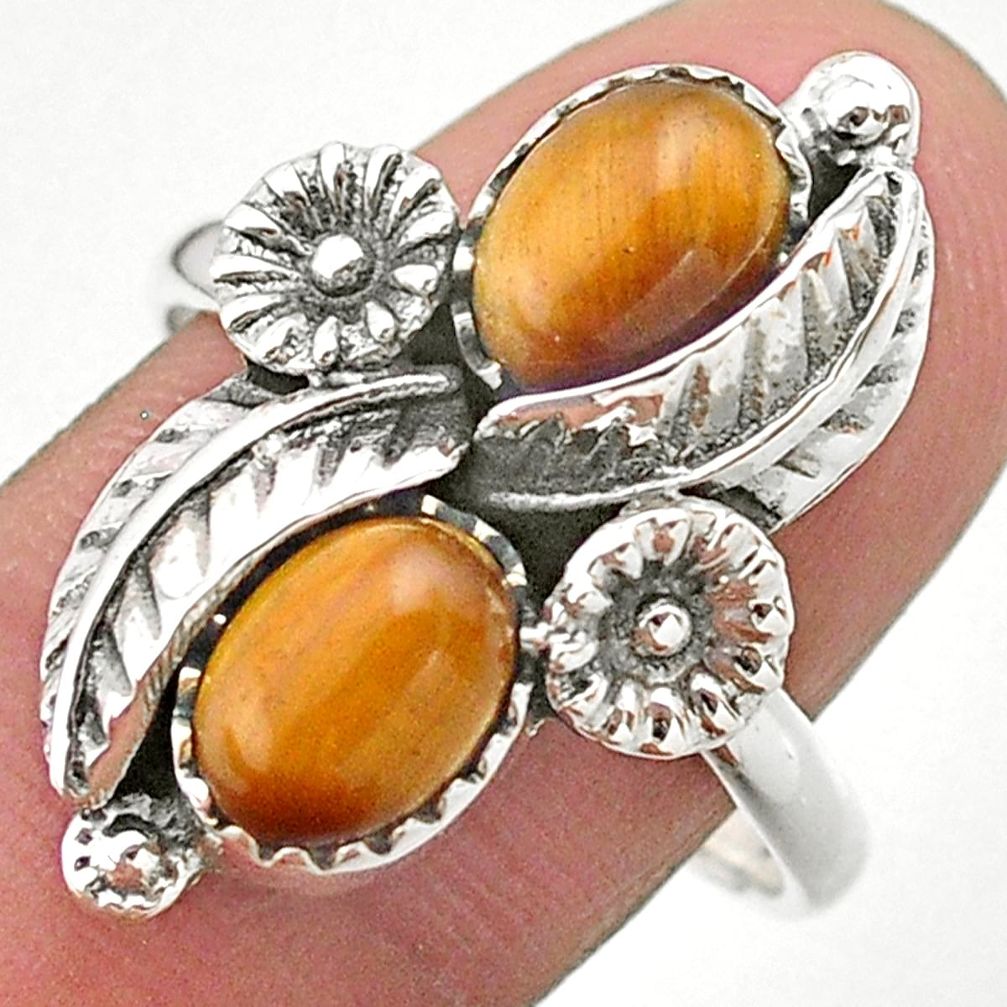 4.70cts solitaire natural brown tiger's eye silver flower ring size 9.5 t25245