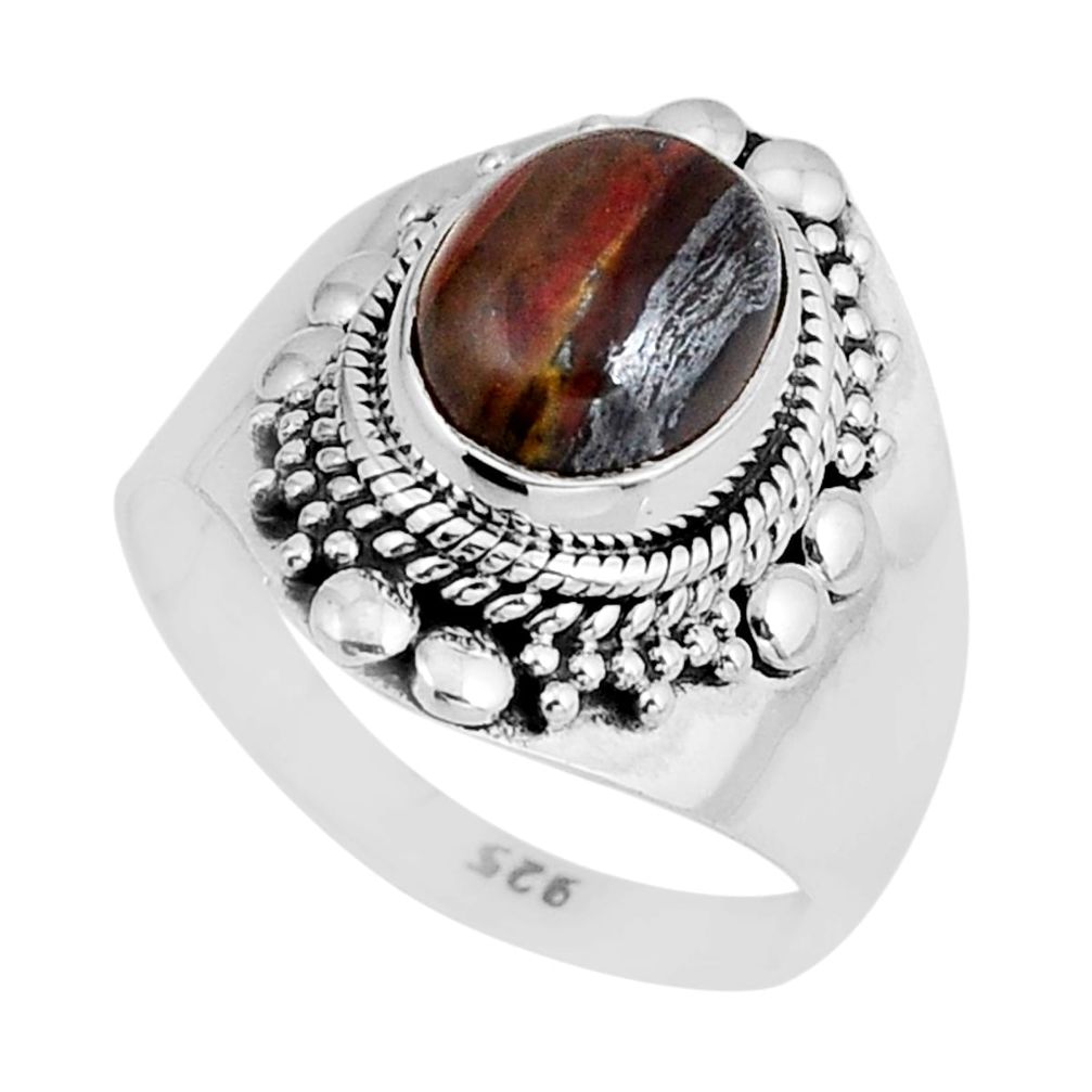 4.38cts solitaire natural brown tiger's hawks eye silver ring size 8.5 y56470