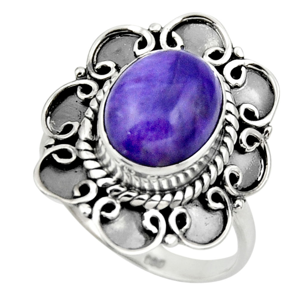 5.23cts solitaire natural charoite (siberian) 925 silver ring size 8.5 r49532