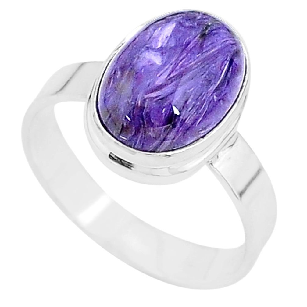 6.02cts solitaire natural charoite (siberian) 925 silver ring size 10 t17985