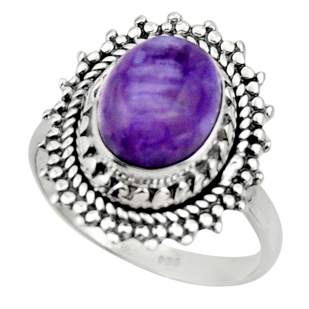 4.28cts solitaire natural charoite (siberian) 925 silver ring size 7 r49559