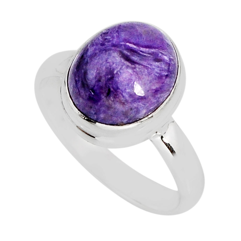 5.14cts solitaire natural charoite (siberian) oval silver ring size 8.5 y75118
