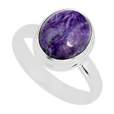 5.05cts solitaire natural charoite (siberian) oval silver ring size 8.5 y77379