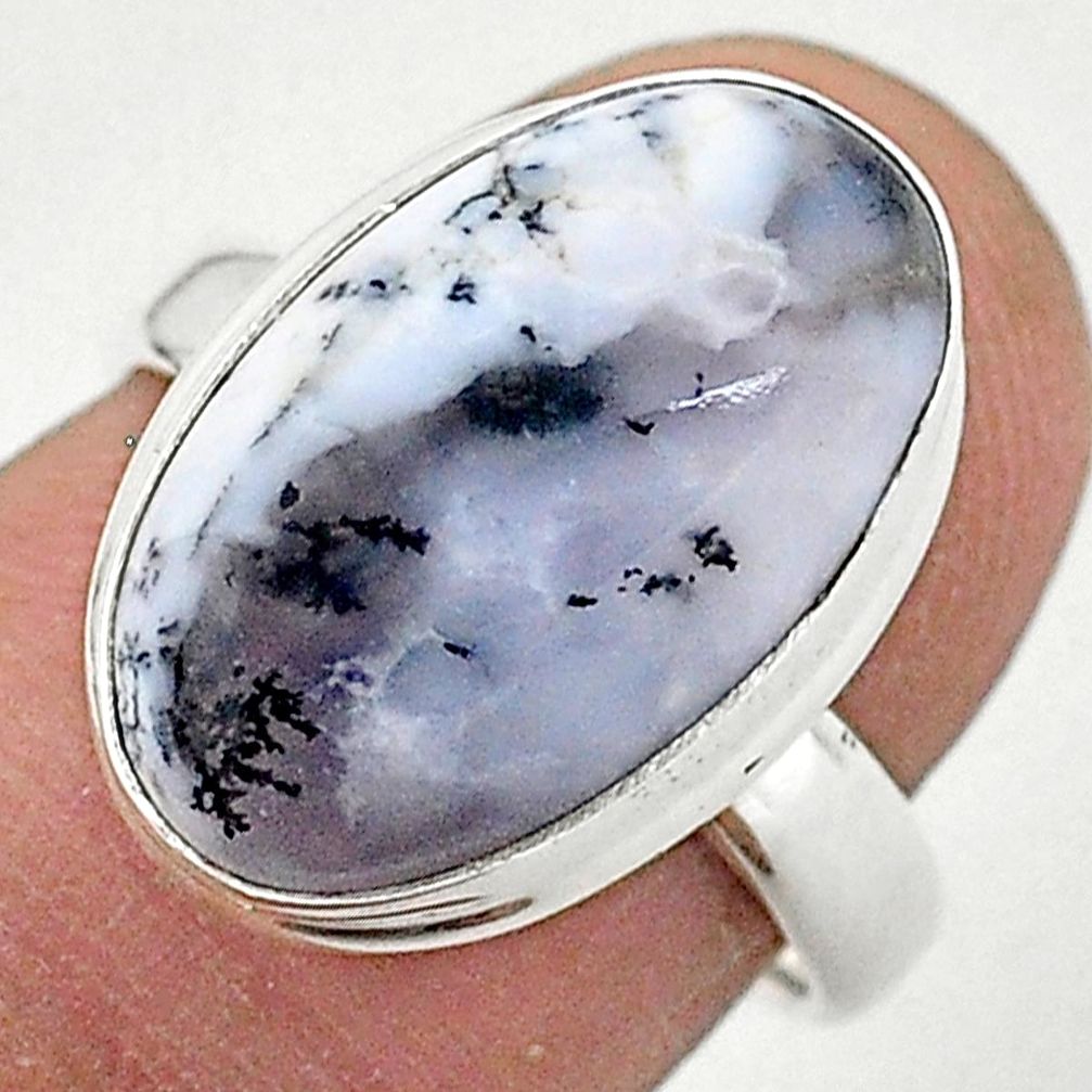 7.97cts solitaire natural dendrite opal (merlinite) 925 silver ring size 7 t3507