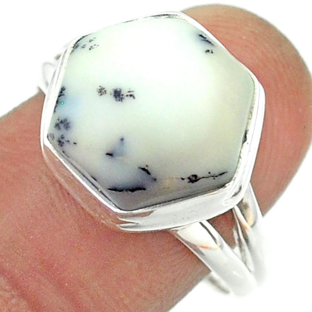 6.33cts solitaire natural dendrite opal 925 silver hexagon ring size 9 t55093