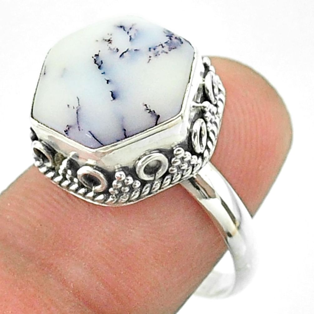 6.31cts solitaire natural dendrite opal 925 silver hexagon ring size 7.5 t55901