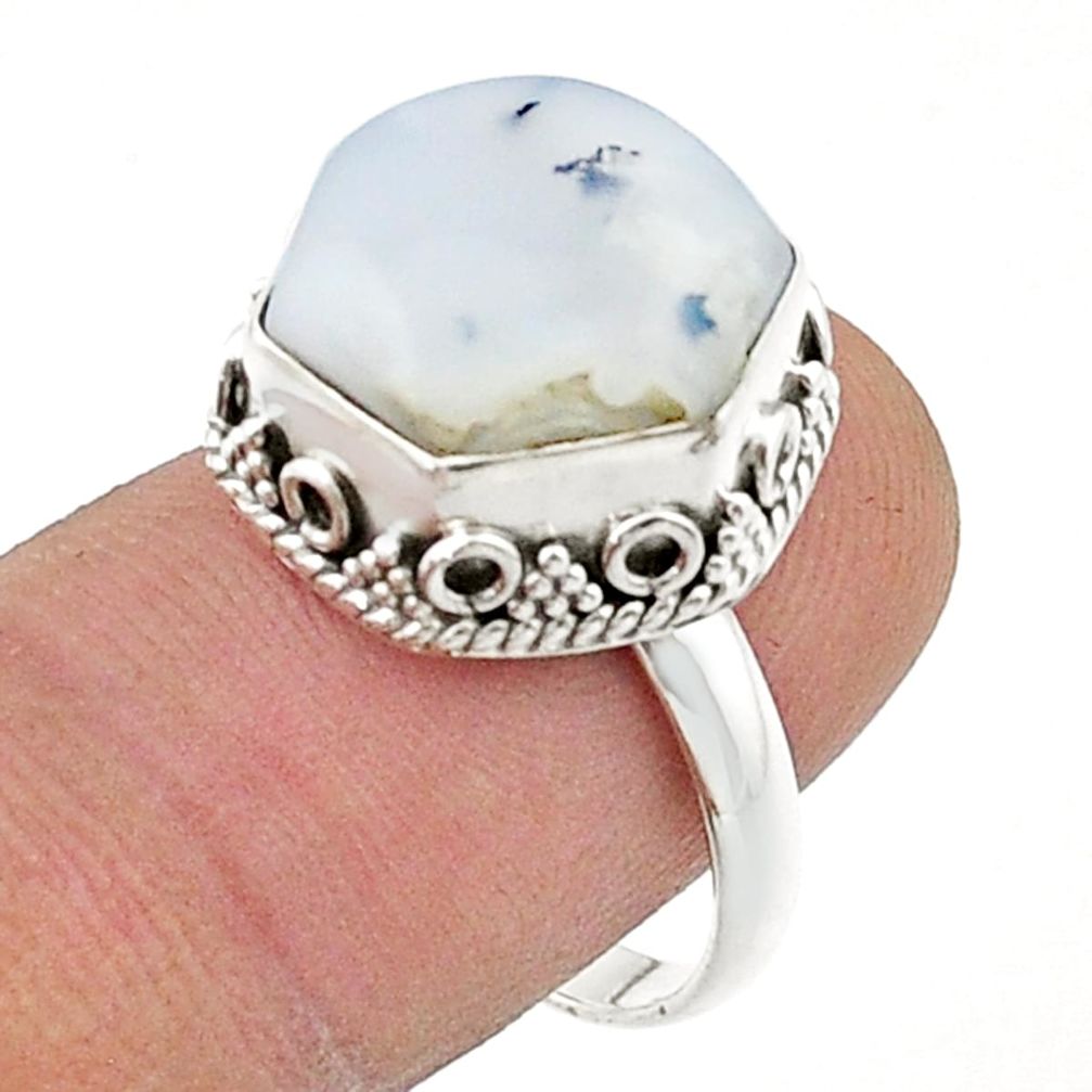 7.24cts solitaire natural dendrite opal hexagon 925 silver ring size 8.5 d48054