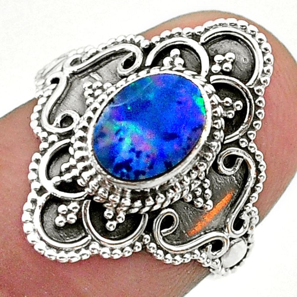 1.51cts solitaire natural doublet opal australian 925 silver ring size 6 t30674