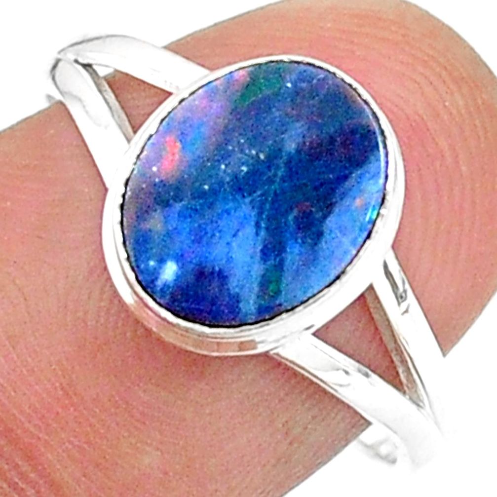 2.43cts solitaire natural doublet opal australian 925 silver ring size 8 t34639