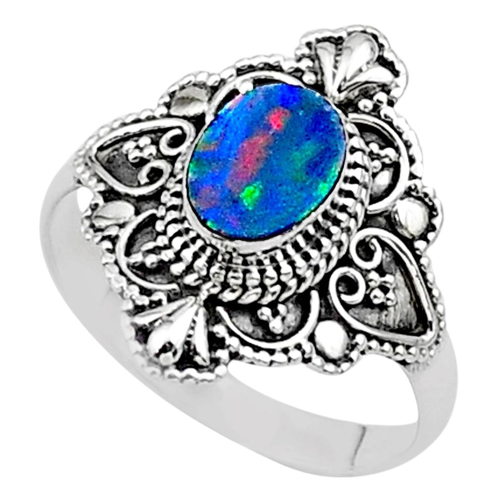 0.98cts solitaire natural doublet opal australian 925 silver ring size 9 t27156