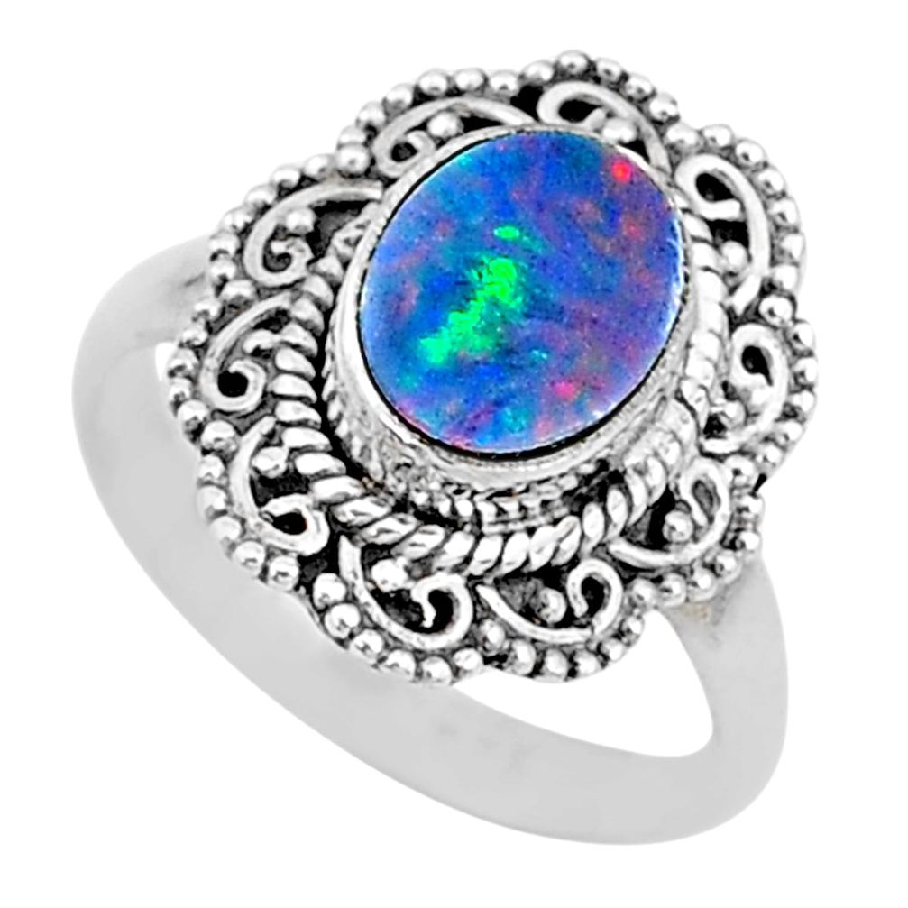 2.21cts solitaire natural doublet opal australian silver ring size 6.5 t10516