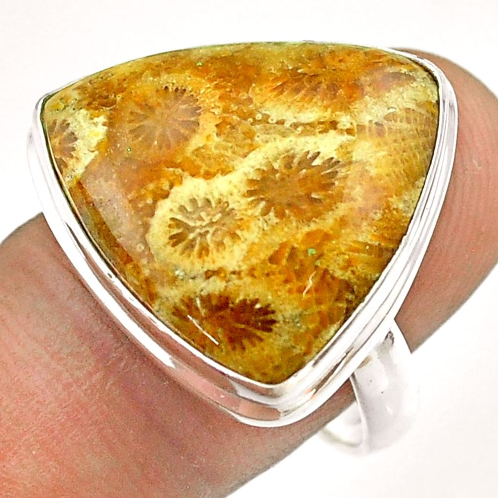 16.70cts solitaire natural fossil coral petoskey stone silver ring size 9 t54369