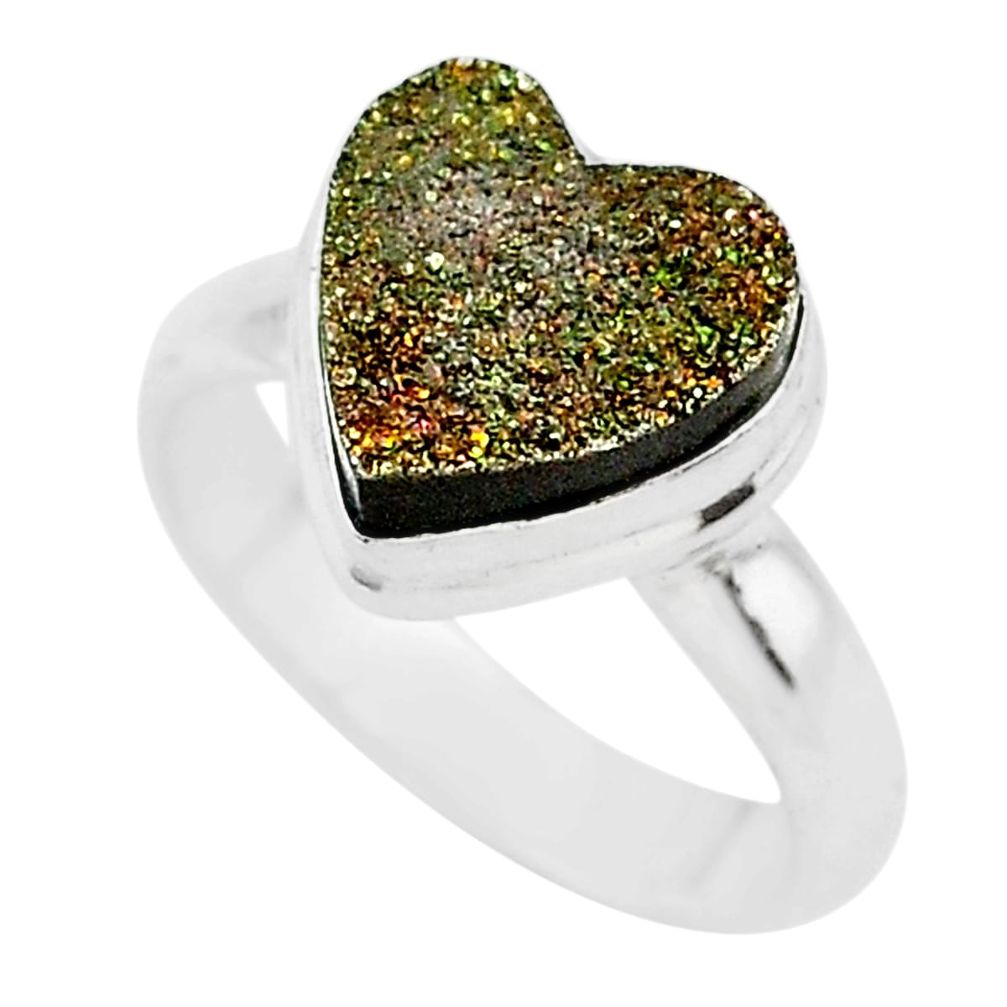 4.84cts heart golden pyrite druzy 925 silver handmade ring size 6 t21769
