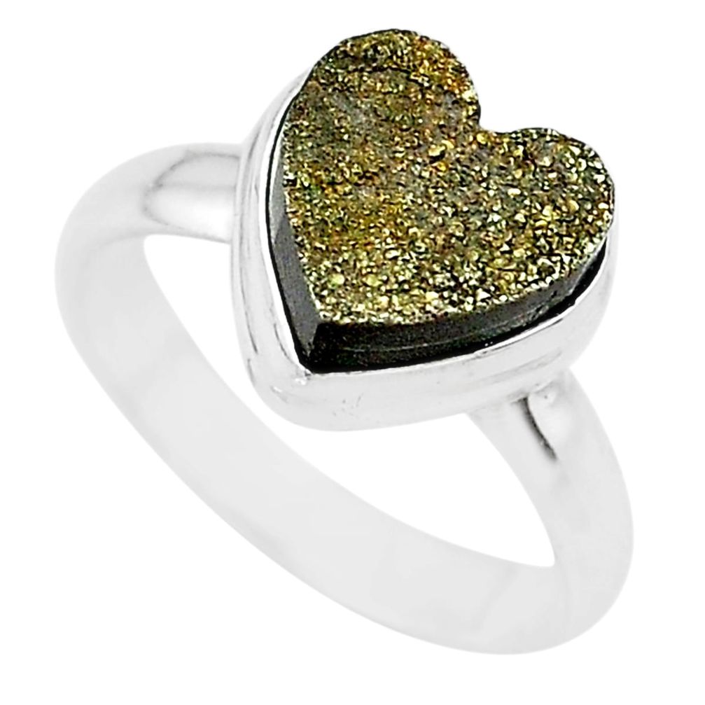 5.36cts heart golden pyrite druzy 925 silver handmade ring size 7 t21763