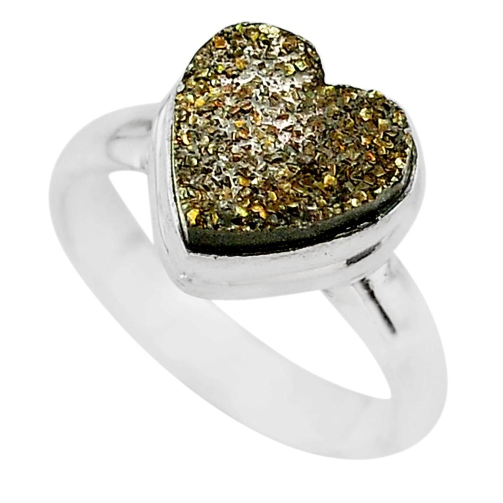 5.12cts heart golden pyrite druzy 925 silver handmade ring size 7 t21774