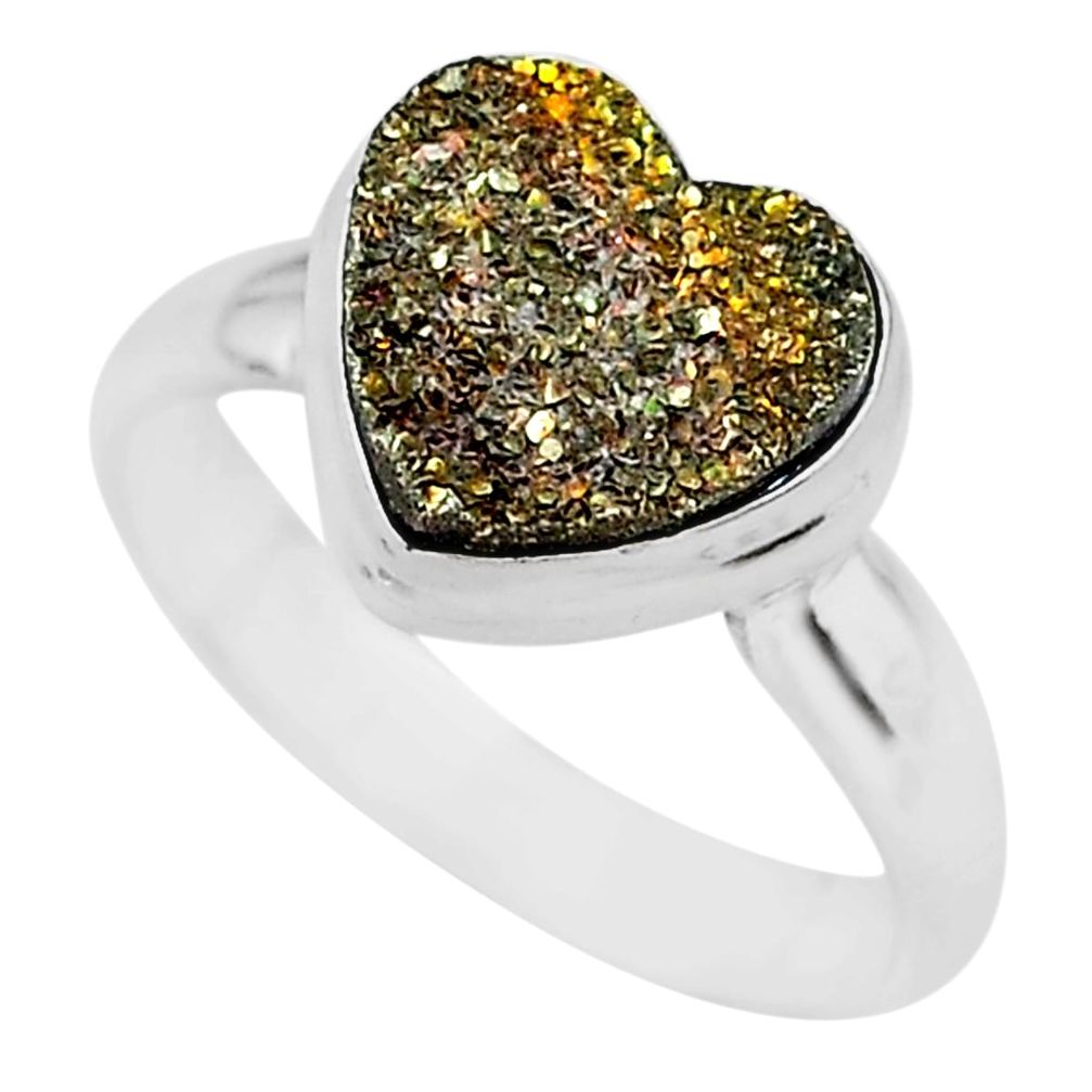 5.14cts heart golden pyrite druzy 925 silver handmade ring size 7 t21775