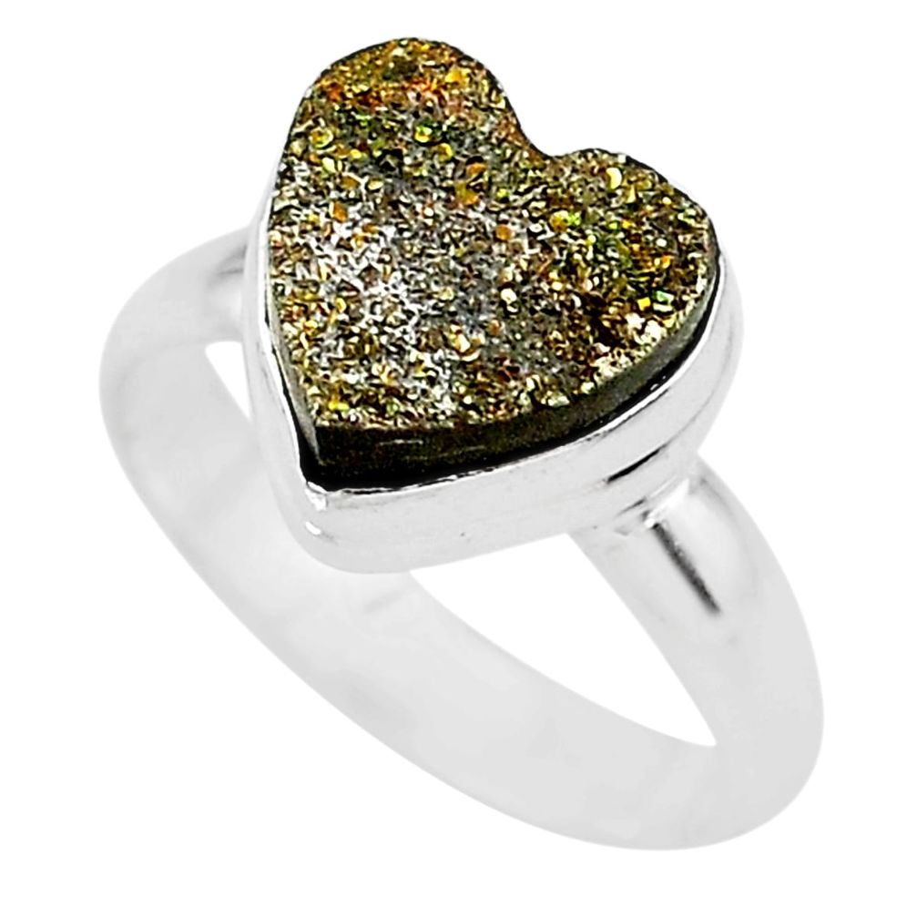 5.35cts heart golden pyrite druzy 925 silver handmade ring size 7 t21778