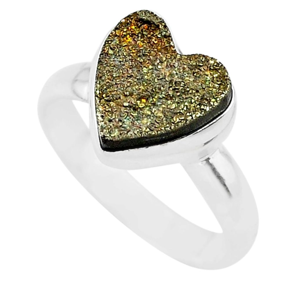 5.38cts heart golden pyrite druzy 925 silver handmade ring size 8 t21761