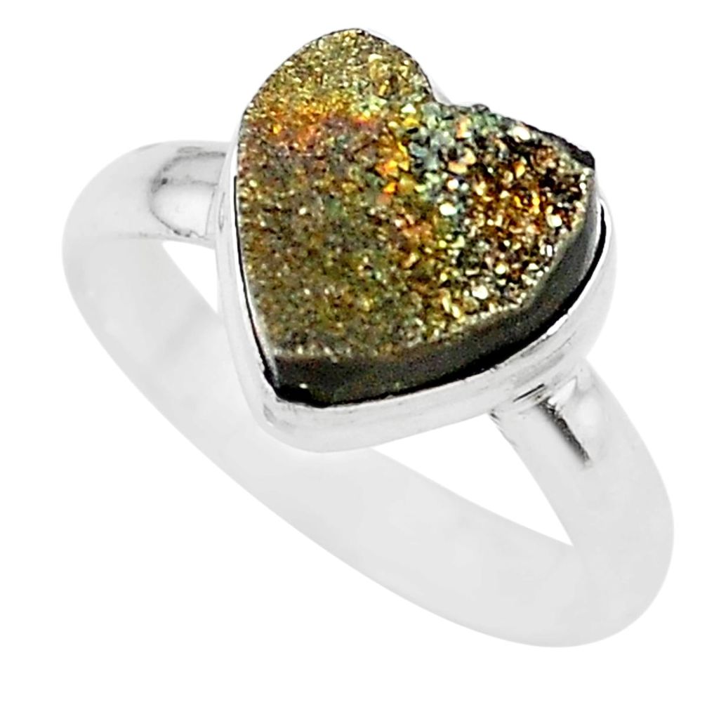 5.11cts heart golden pyrite druzy 925 silver handmade ring size 8 t21767